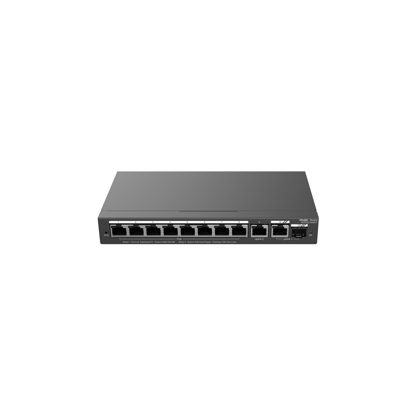 RG-ES210GS-P  10-портовый гигабитный Smart POE коммутатор, 8 портов PoE/POE+ Gigabit RJ45 с 1 портом Gigabit RJ45/1 combo SFP uplink, бюджет питания 120 Вт PoE, настольный стальной корпус